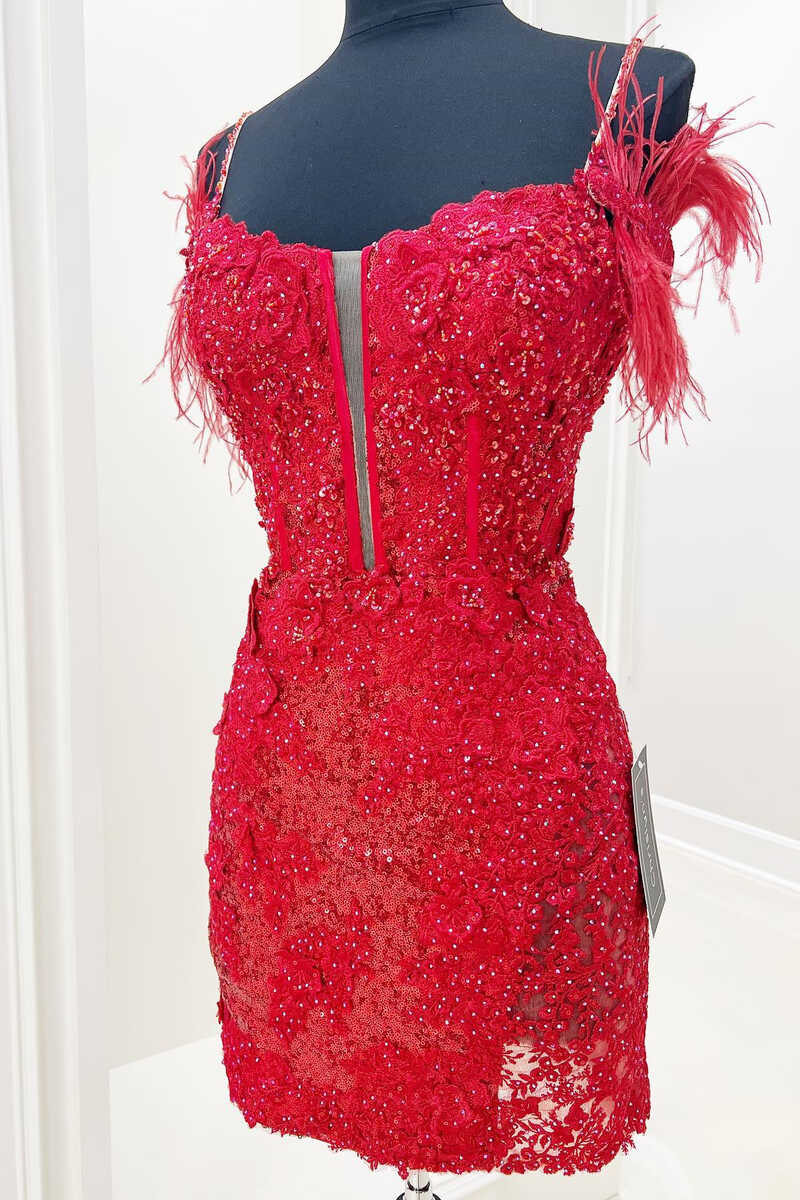 Dark Lavender Cold-Shoulder Feather Mini Homecoming Dress c3117