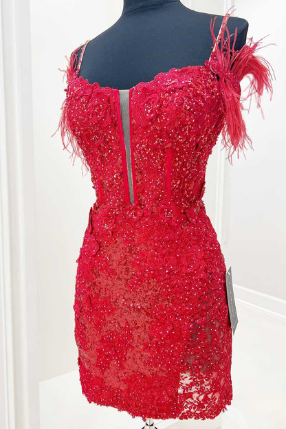 Dark Lavender Cold-Shoulder Feather Mini Homecoming Dress c3117