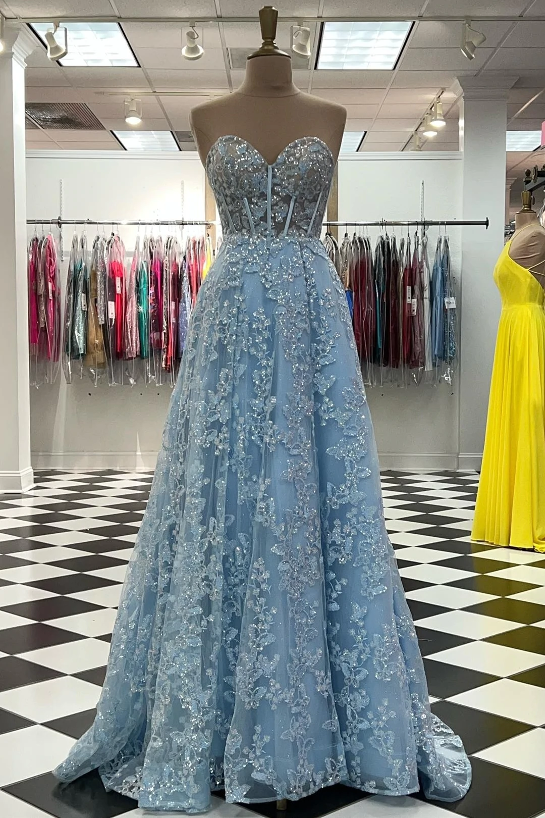 Sparkle Princess Bustier Puff Sleeve Lace Long Prom Dress Detachable Sleeves Evening Dress c2486