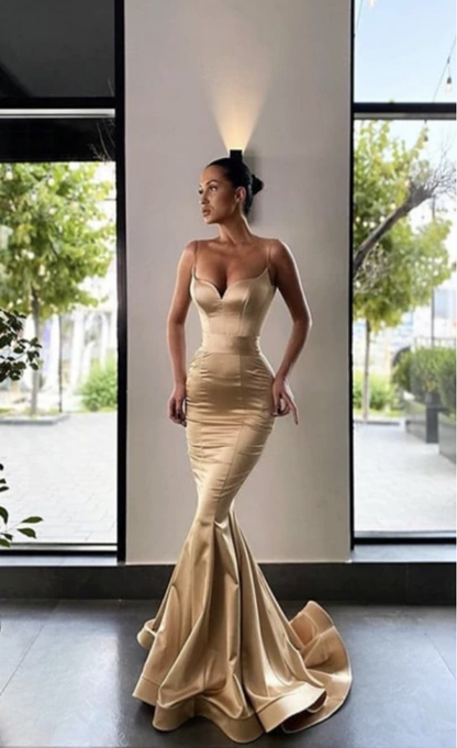 Royal Blue Fitted Mermaid Evening Dress  Champage Spaghetti Straps Prom Dress  C1458