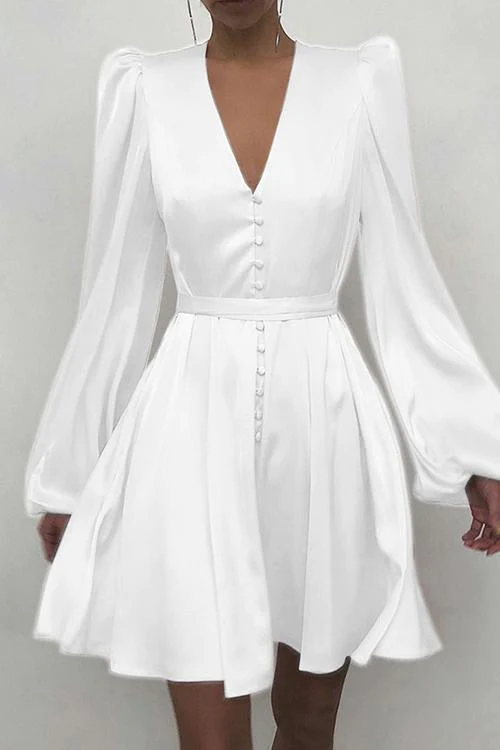 Satin V Neck Puff Long Sleeve Mini Dress Black Short Party Dress cc295