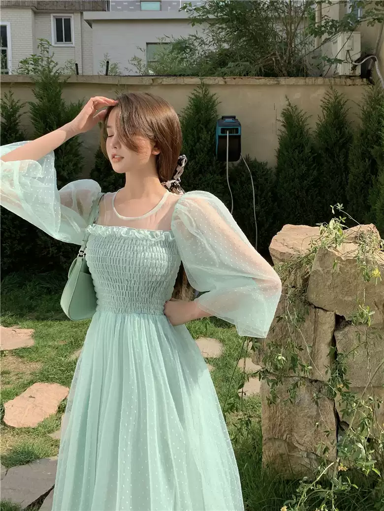 Light green skirt hollow French super fairy puff sleeve polka dot mesh dress sexy party dress cc292