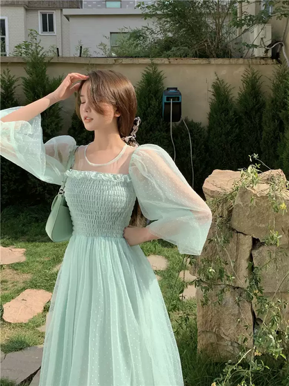 Light green skirt hollow French super fairy puff sleeve polka dot mesh dress sexy party dress cc292