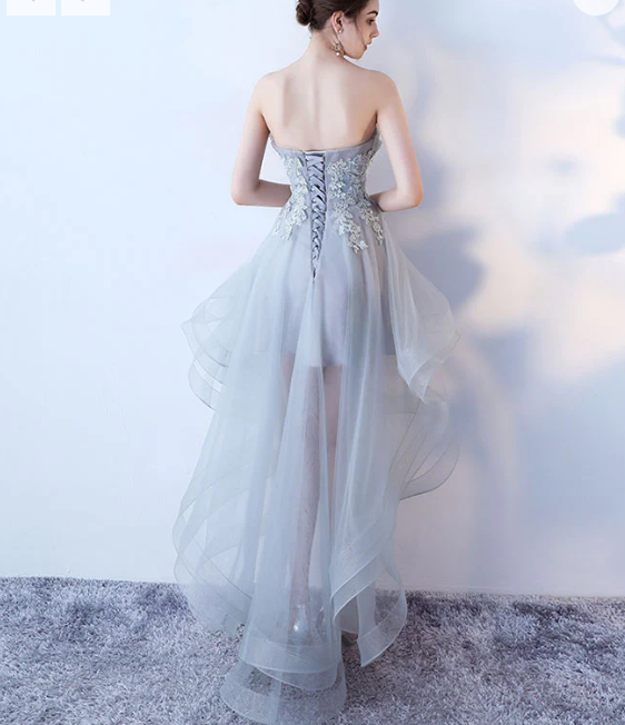 Gray tulle lace high low prom dress, cute homecoming dress c2611