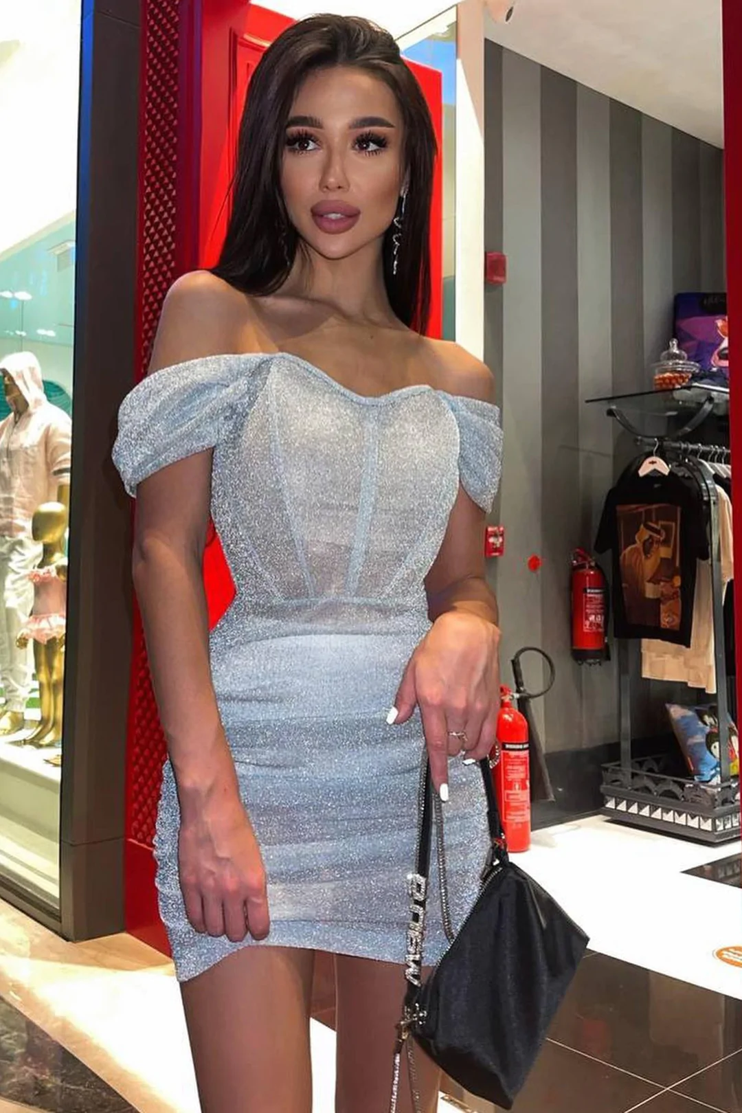 Blue Off The Shoulder Glitter Corset Mini Homecoming Dress c3386