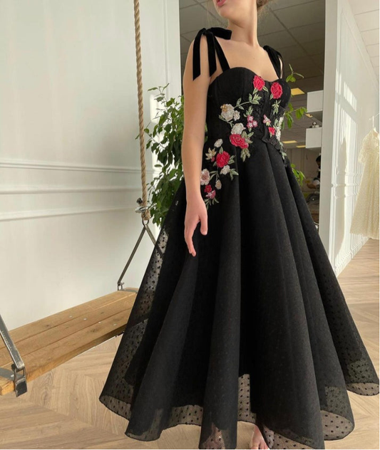 Black Polka Dot Tulle A Collection Evening Gown Colorful Floral Lace Velvet Spaghetti Straps Strap Pockets Ankle Length Dress cc234