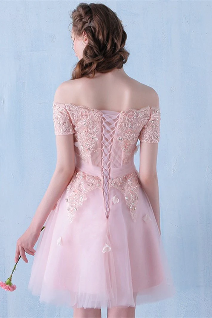 Pink Off the Shoulder Tulle Short Prom Dress with Beading, A Line Homecoming Dress c2997