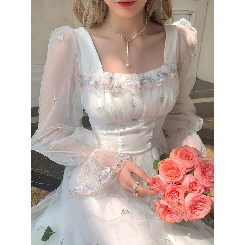 White Mesh Fairy Dress Woman French Vintage Embroidery Floral Flare Sleeve Princess Prom Dresses  c2876
