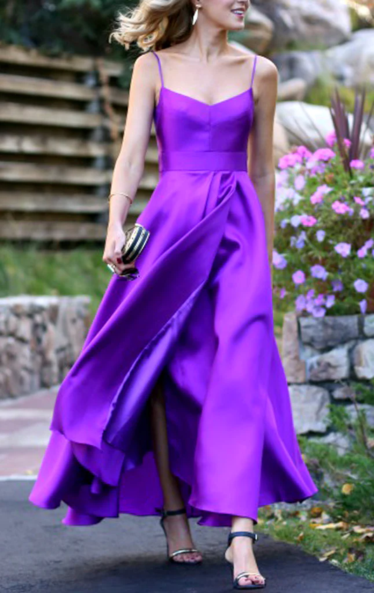 Spaghetti Straps Purple Satin Prom Dress Tea Length Wedding Party Formal Gown c2848