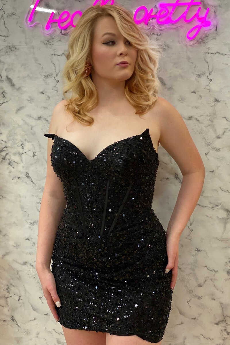 Black Sequin Strapless Tight Mini Homecoming Dress c3246