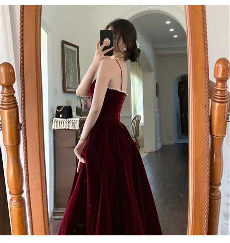 Dark Burgundy Spaghetti Straps Dress Women Prom Dress Birthday Party Dress Event Gown Dress c2921