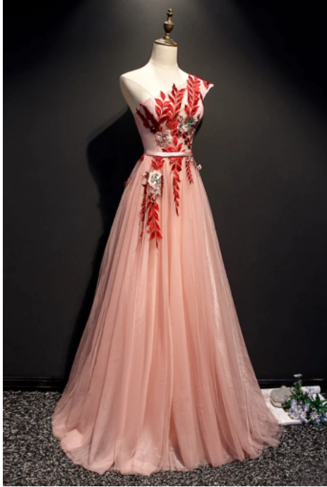 A Line One Shoulder Tulle Red Applique Long Prom Dress Evening C2363