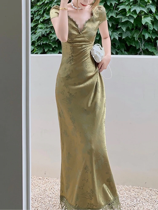 Summer Elegant Women Satin Backless Short Sleeve Lace Sexy Bandage Vintage Bodycon Vestidos Female Fashion Robe New Prom Dress c2501