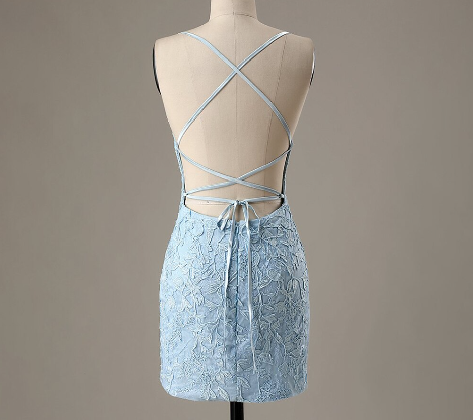 Sky Blue Lace Homecoming Dresses,Short Prom Dresses C1245
