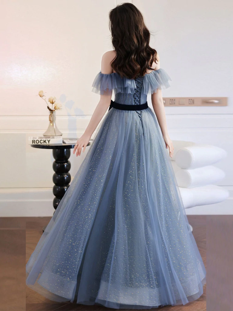 A-Line Gray Blue Off The Shoulder Long Prom Dress Tulle Evening Dress c2516