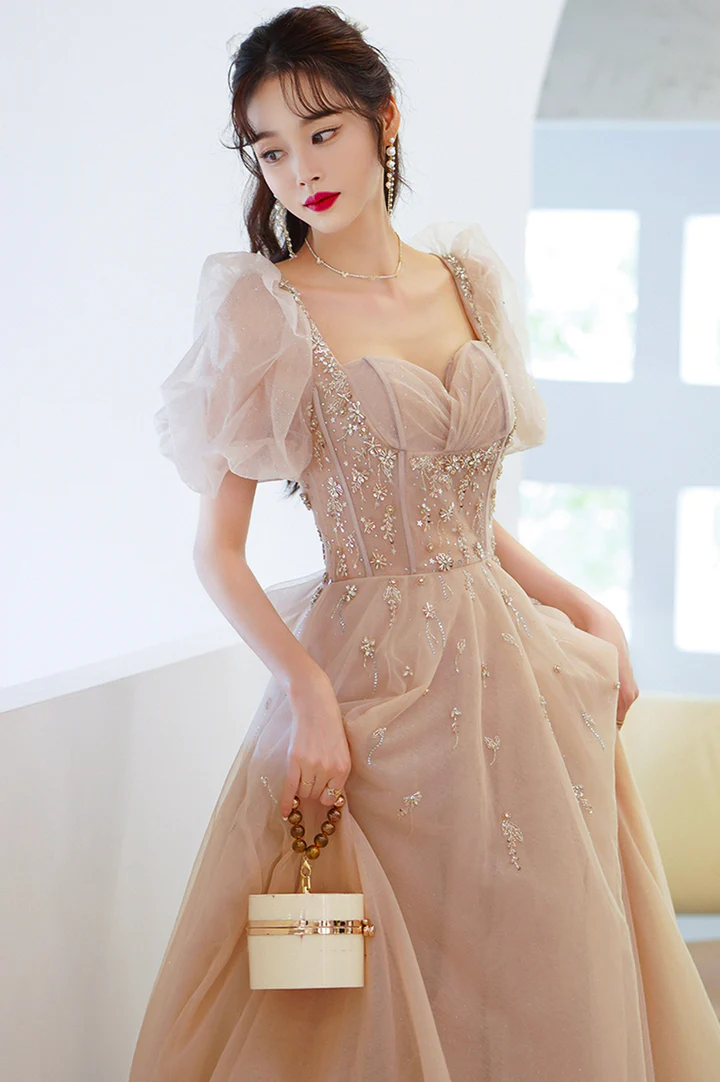 Cute tulle beads long prom dress A line evening gown c2948