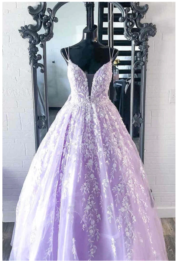 Elegant Straps Lace Appliques Lavender Prom Dress C2441
