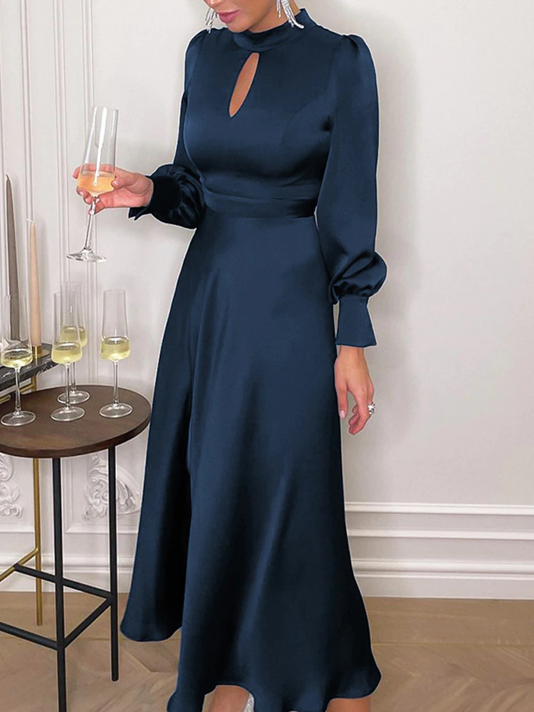Elegant Simeple Prom Dress With Long Sleeves Split Evening Dress Women's Plain Puff Sleeve O-Neck Long Dress c2497