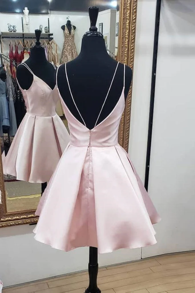Cute V Neck Open Back Pink Short Dress, Backless Pink Homecoming Dress cc10