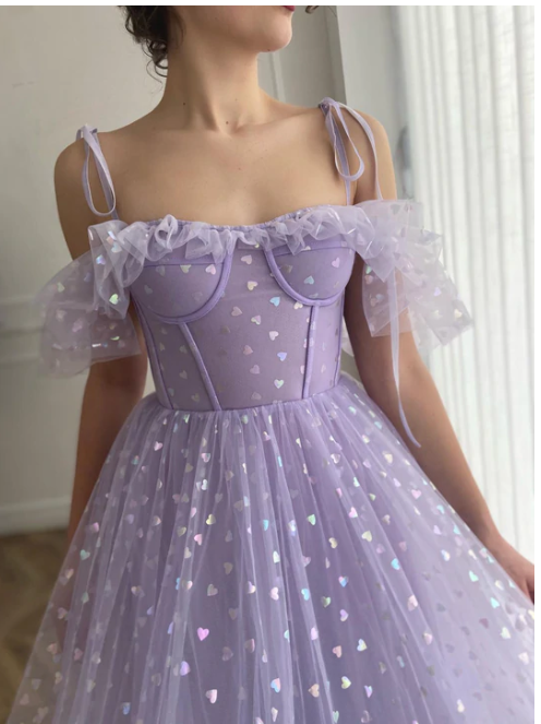 Lavender tulle short A line prom dress tea length evening dress C865