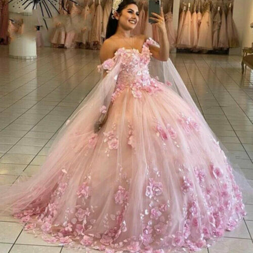 Lace Appliques Quinceanera Dresses Ball Gown Off Shoulder 3D Flowers Sweet 15 16 c2936