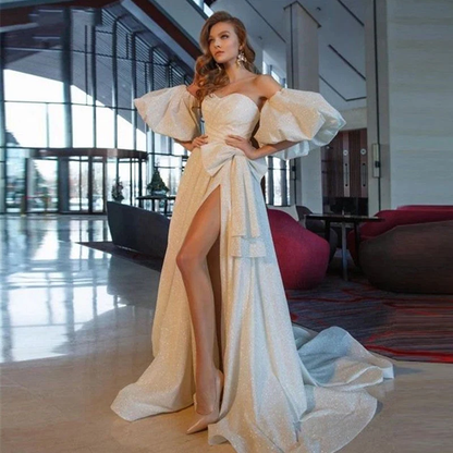 Sparkle Sweetheart White A-Line Evening Dress Elegant Women Prom Dress Off Shoulder Bow Split Puffy Sleeves cc172
