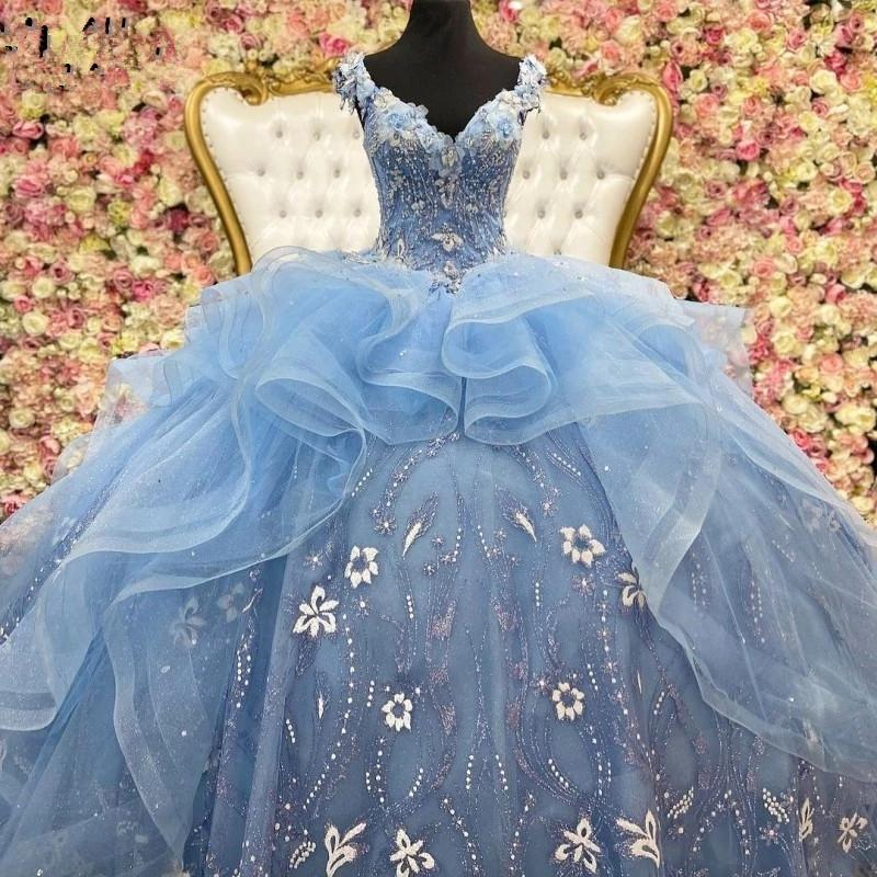 Off The Shoulder Blue Ball Gown Puffy Sweet 16 Dress c3281