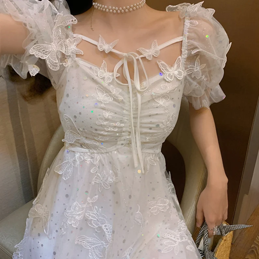 Butterfly White Summer Dress, White Homecoming Dress, Bohemian Summer Beach Sundress c2999