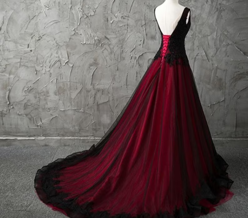 Gorgeous Black And Red V-Neckline Tulle Beaded Prom Dress, Long Evening Gown C1249