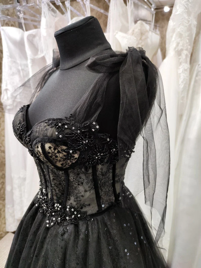 Sparkly black prom dress night corset neckline fairy tale tulle princess bride bridal gothic dark queen night alternative bride c3245