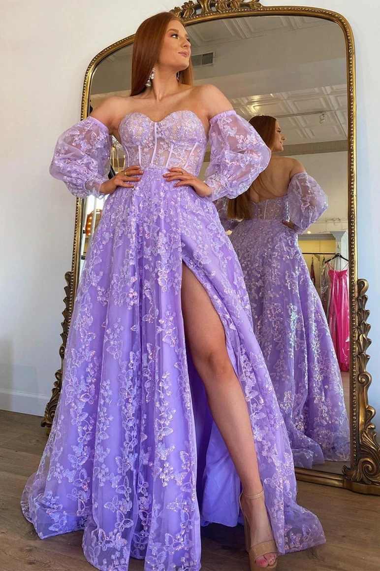 Sparkle Princess Bustier Puff Sleeve Lace Long Prom Dress Detachable Sleeves Evening Dress c2486