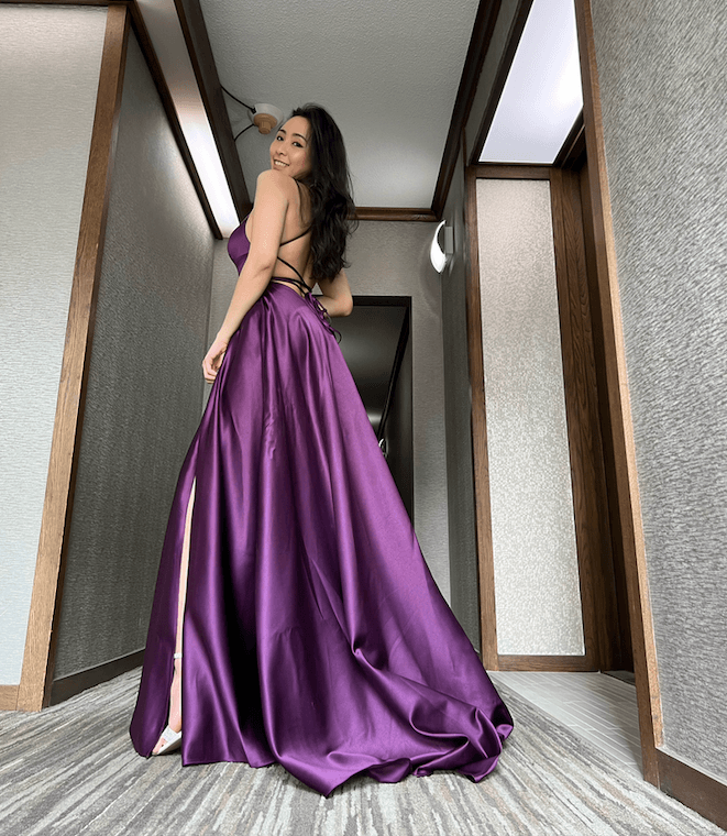 A-Line / Princess Scoop Neck Sweep Train Satin Prom Dress With Split Front c2897