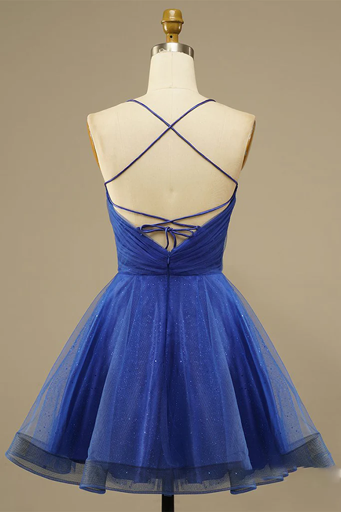 Royal Blue Mesh Net V-neck Homecoming Party Dress c3463