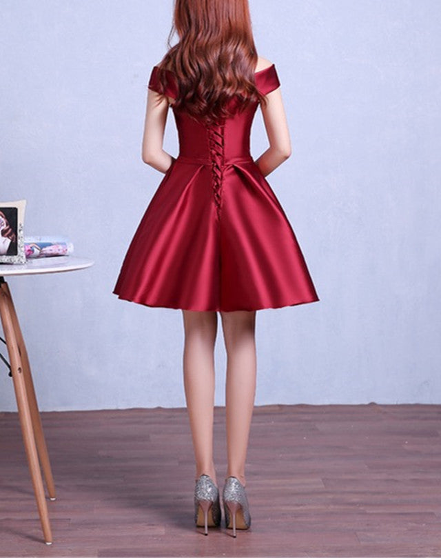 Burgundy homecoming dress,off the shoulder short cocktail dress,satin gowns c3348