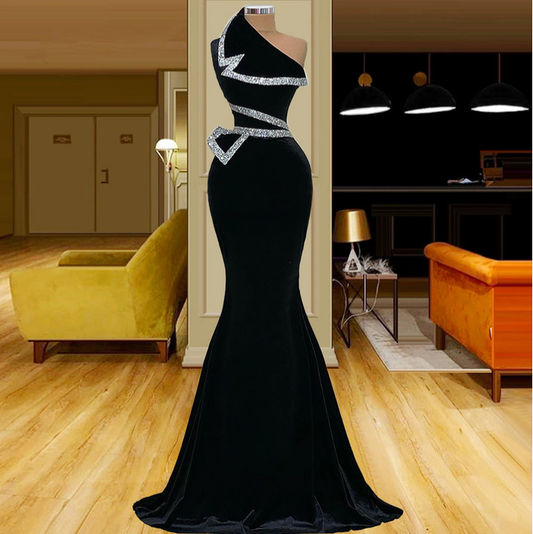 Asymmetrical Black Velvet Mermaid Formal Evening Dress cc82
