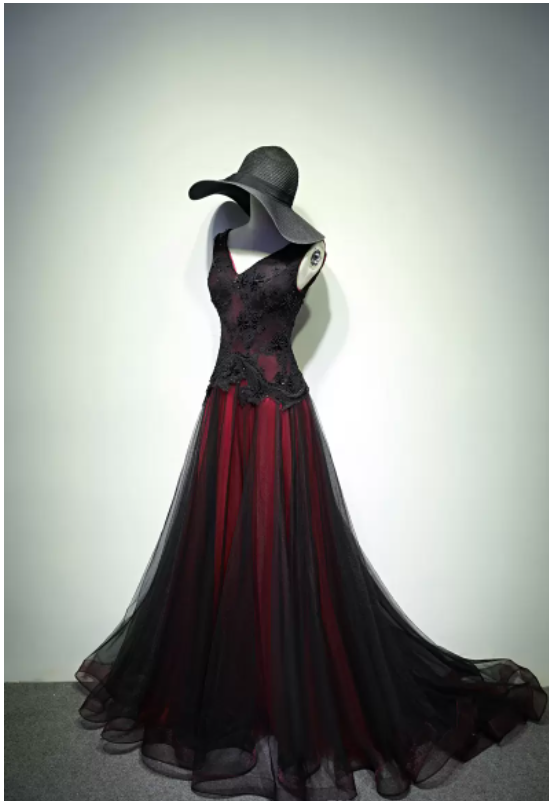 Gorgeous Black And Red V-Neckline Tulle Beaded Prom Dress, Long Evening Gown C2015