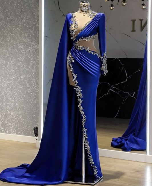 royal blue prom dresses, high neck prom dresses, Women Evening Dress Long Sleeve Blue Lace Appliques High Slit Arabic Style Prom Dress c2719