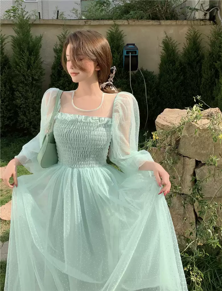 Light green skirt hollow French super fairy puff sleeve polka dot mesh dress sexy party dress cc292