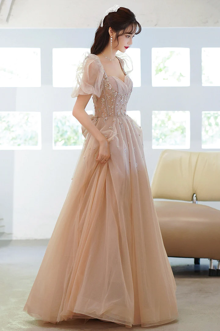 Cute tulle beads long prom dress A line evening gown c2948