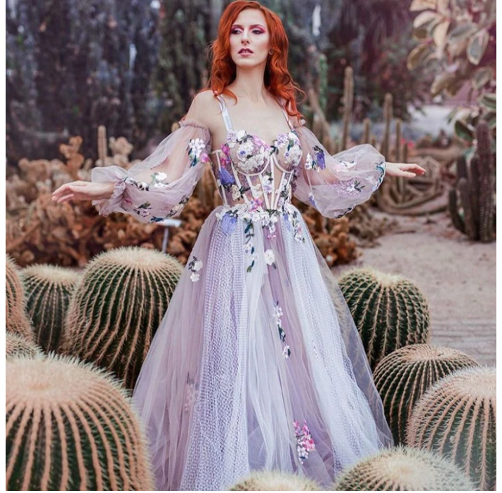 Elegant Dusty Lavender Floral Spaghetti Strap Sweetheart A-line Tulle Long Prom Dress  C2370