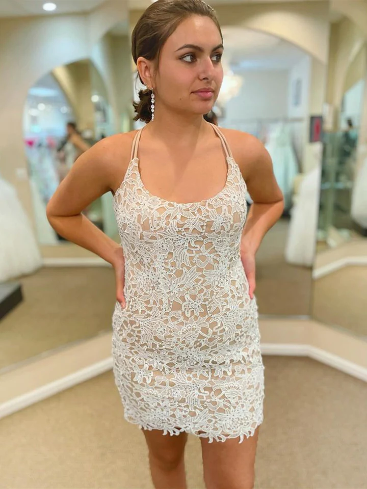 Champagne Lace Homecoming Dresses, Short Champagne Formal Graduation Evening Dresses c3242