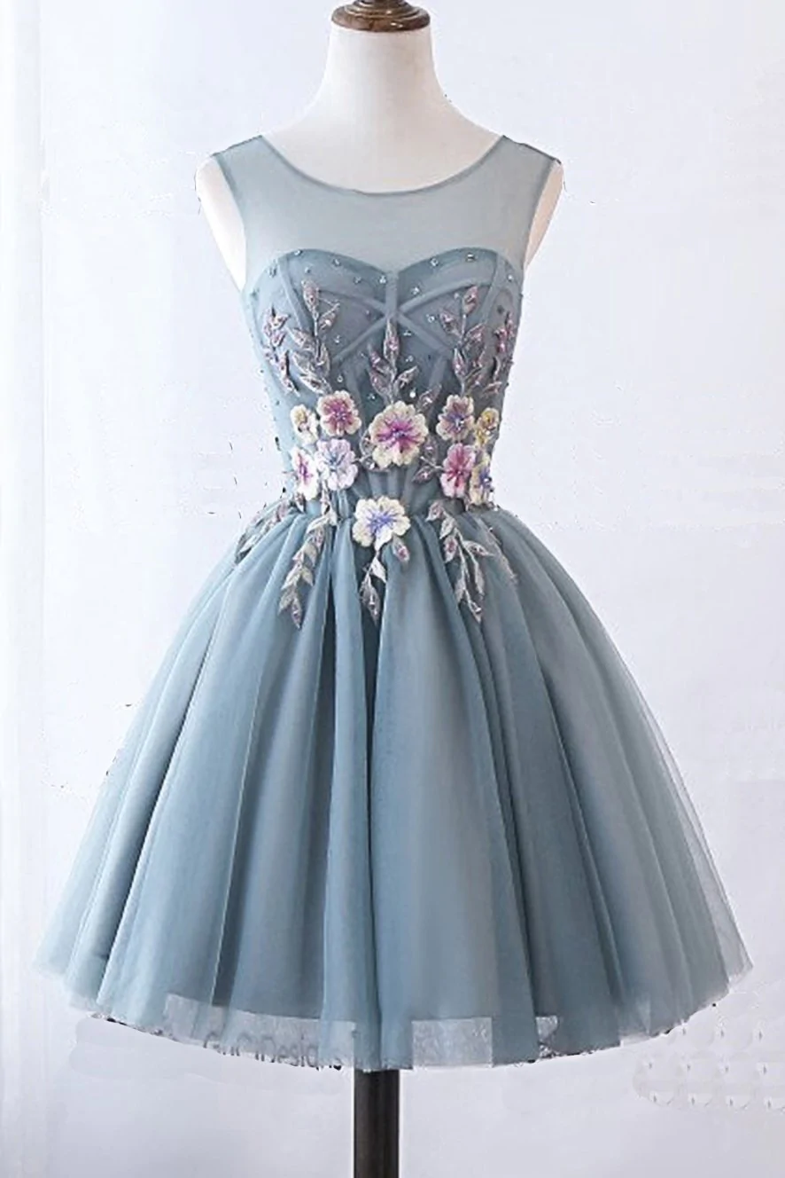 Illusion Round Neckline Grey Tulle Homecoming Dresses With Appliques c3043