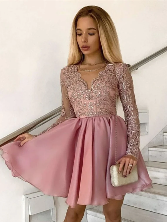 V Neck Short Pink Lace Homecoming Dresses, Short Pink Lace Formal Graduation Dresses c3047