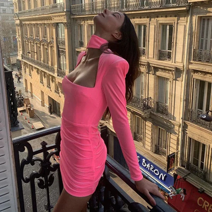 Velvet High Neck Shoulder Pads Mini Dress Party Dress c3105