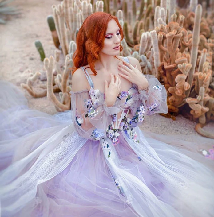 Elegant Dusty Lavender Floral Spaghetti Strap Sweetheart A-line Tulle Long Prom Dress  C2370