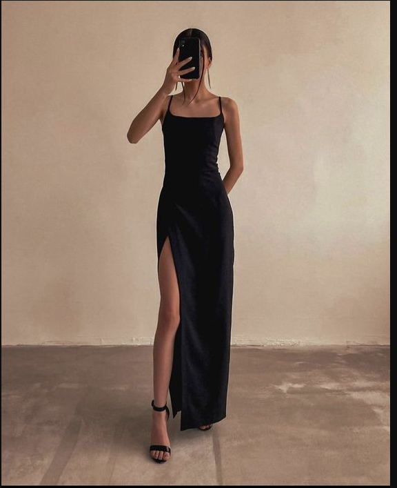 Spaghetti Straps Column/Sheath Long Prom Dress Simple Prom Dress With Split Classic Style Black Evening Dress cc216
