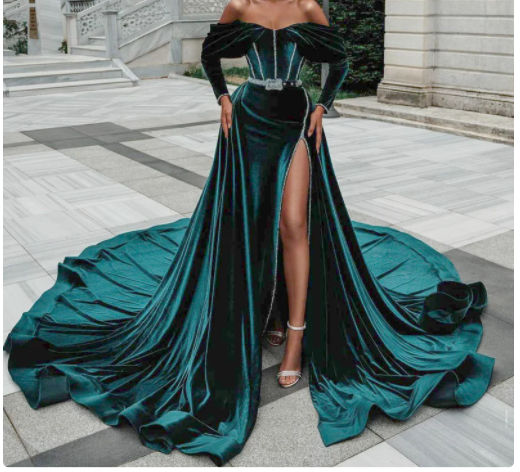 Green velvet dress, evening gowns,African prom and wedding dress,Wedding reception dress C2197