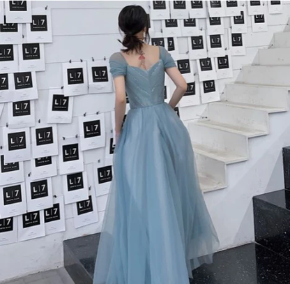 A-Line Princess Square Neckline Short Sleeve Floor-Length Prom Dresses c2930