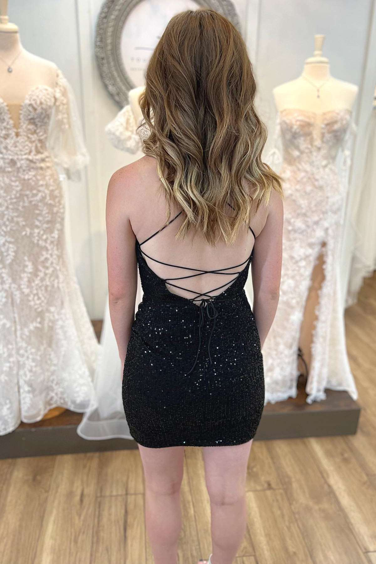 Asymmetrical Black Sequin Lace-Up Short Homecoming Dress cc307