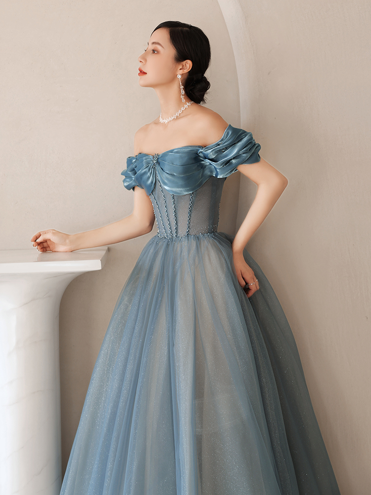 Fashion Women Evening Dress Floor Length Grey Blue Boat Neck Elegant A Line Dress Long Prom Dress cc64